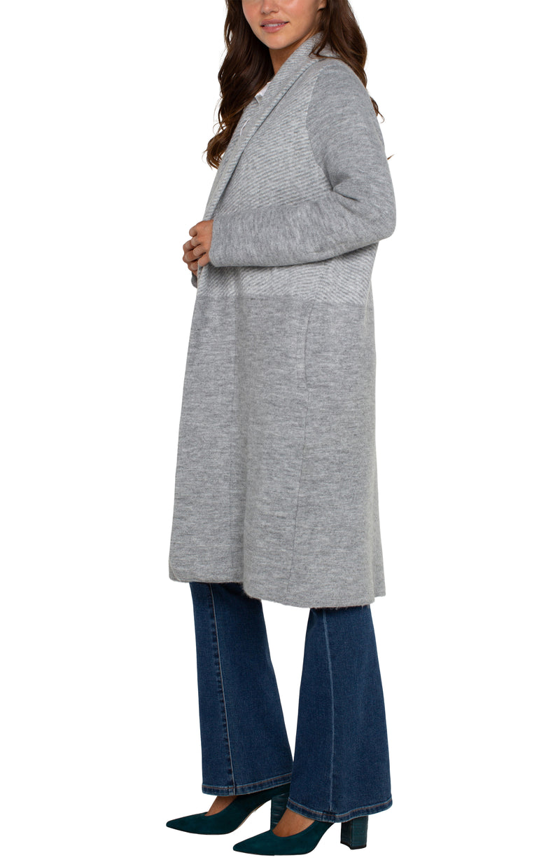 Open Front Shawl Collar Sweater Coat Grey Pattern Block