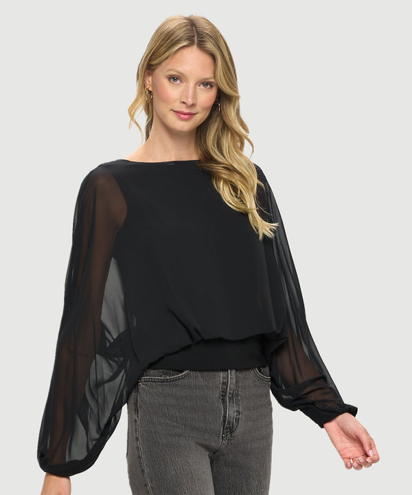 Chiffon Batwing Back Tie Banded Waist Top Black