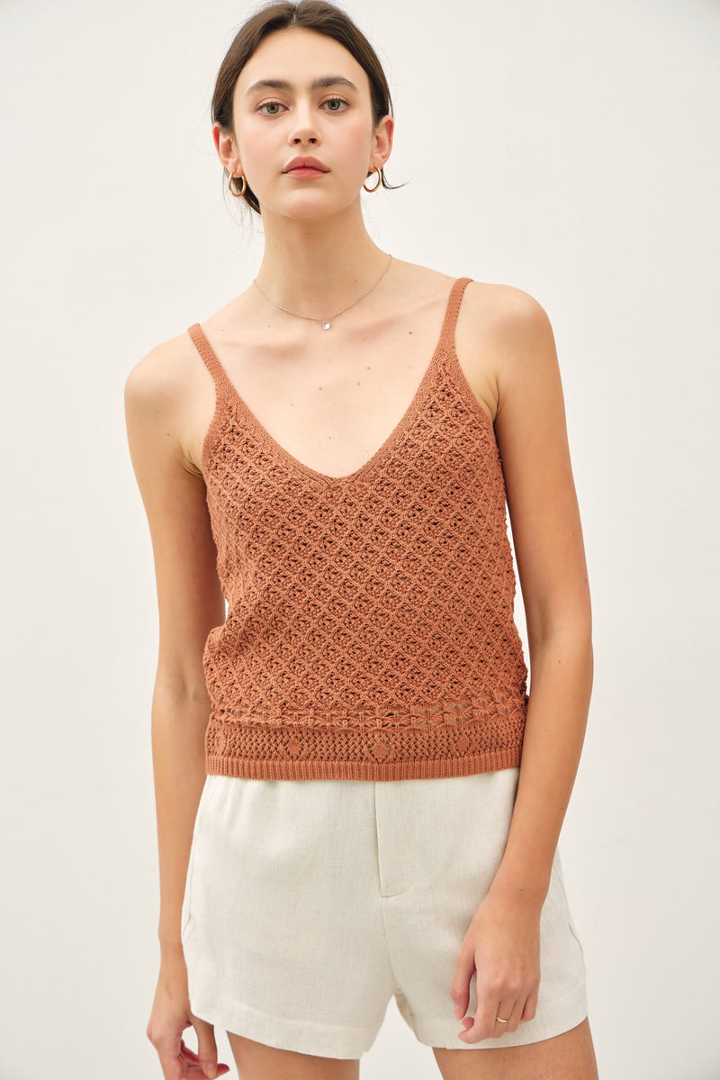 Crochet Knit Detailed Vneck Tank Rust