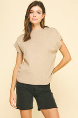 Shirred Side Mock Neck Sweater Top Taupe