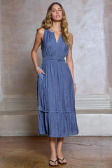 Floral Jacquard Split Neck Midi Dress Parisian Blue