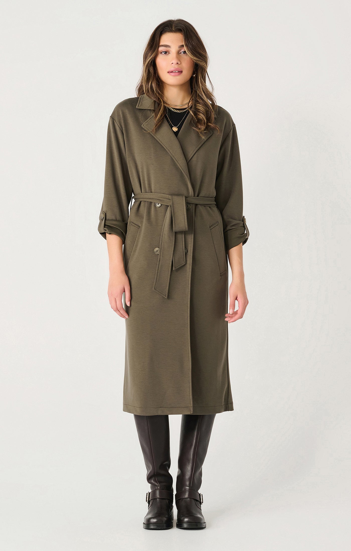 Double Breasted Knit Trench Deep Olive