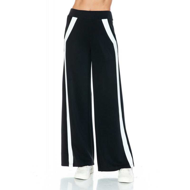 Contrast Panel Stripe Scuba Wide Leg Pants Black + Ivory