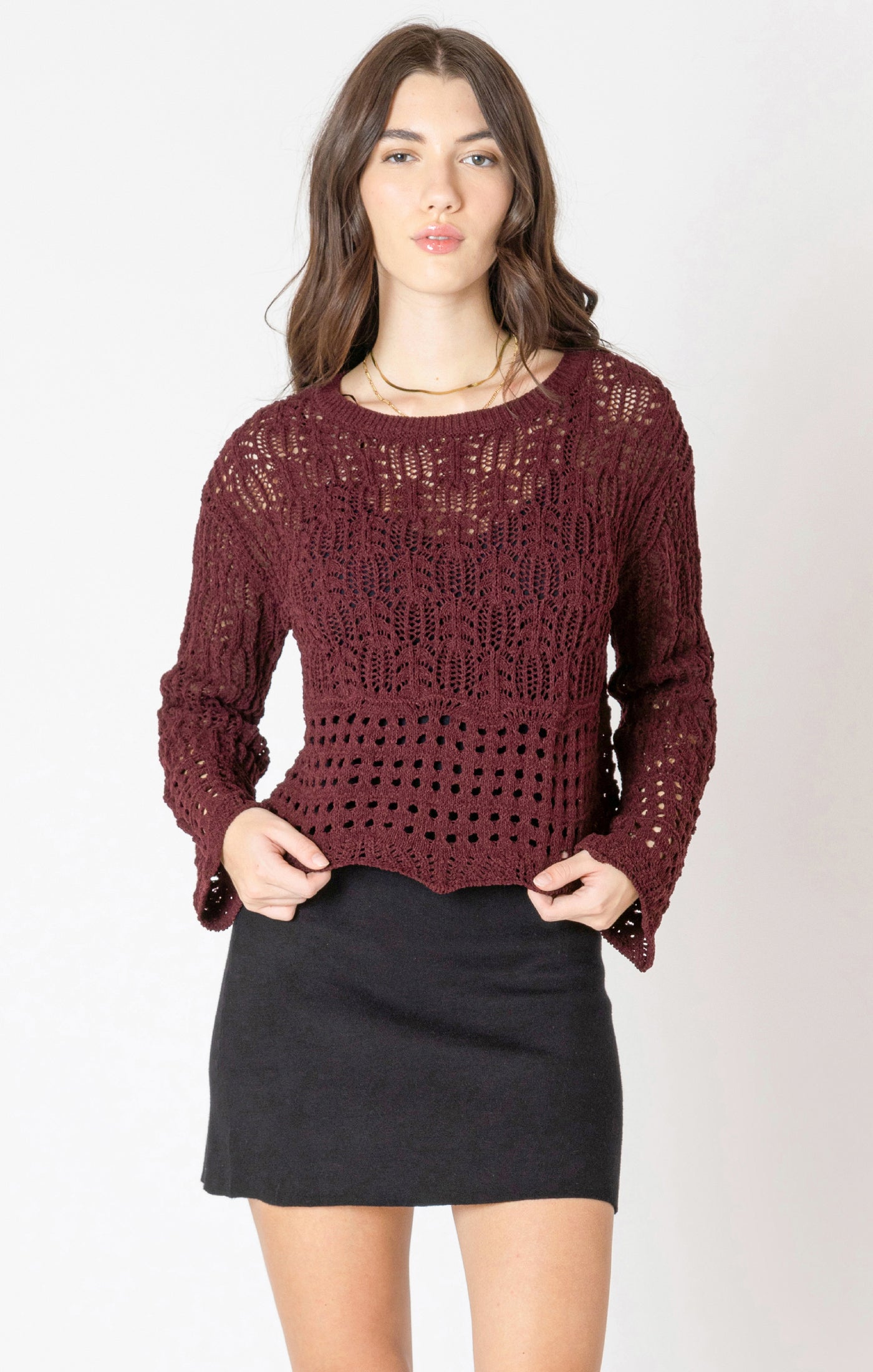 Open Stitch Wavy Hem Sweater Wine