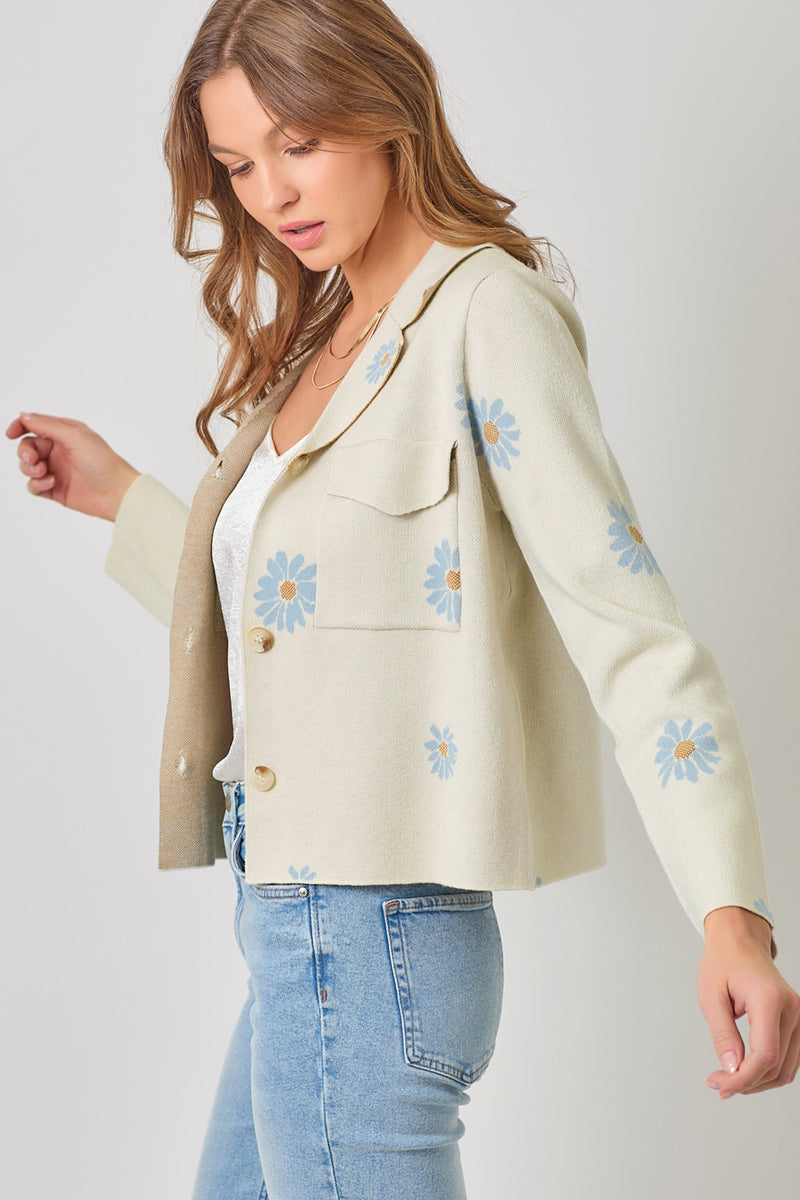 Floral Patterened Sweater Jacket Ivory + Powder Blue