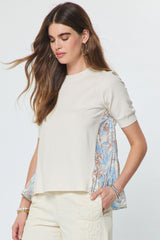 Sheer Floral Back Solid Knit Front Top Ivory