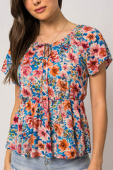 Round Neck Short Sleece Elastic Waist Floral Top Blue Multi