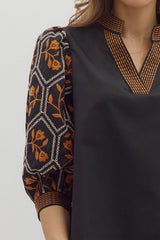 Floral Pattern 3/4 Embroidered Details Top Black
