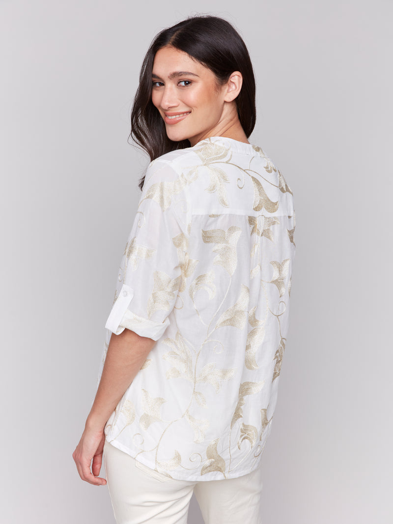 Metallic Embroidered Vines Rolled Sleeve Blouse Gold