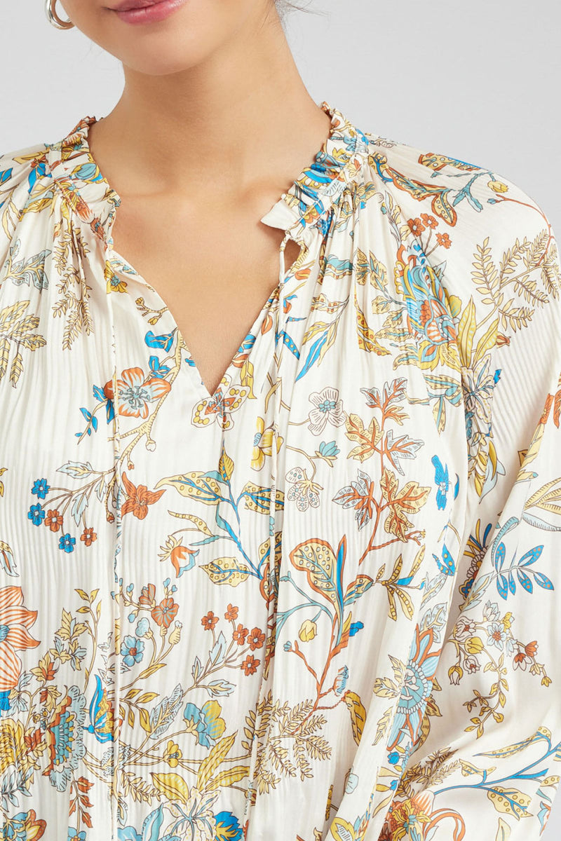Long Sleeve Ruffled Split Neck Floral Self Tie Blouse Multi