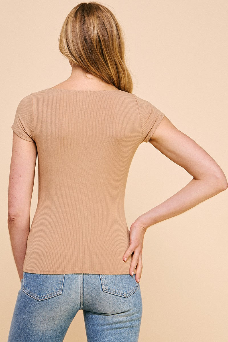Ribbed Knit Relax Fit Square Neck Top Camel