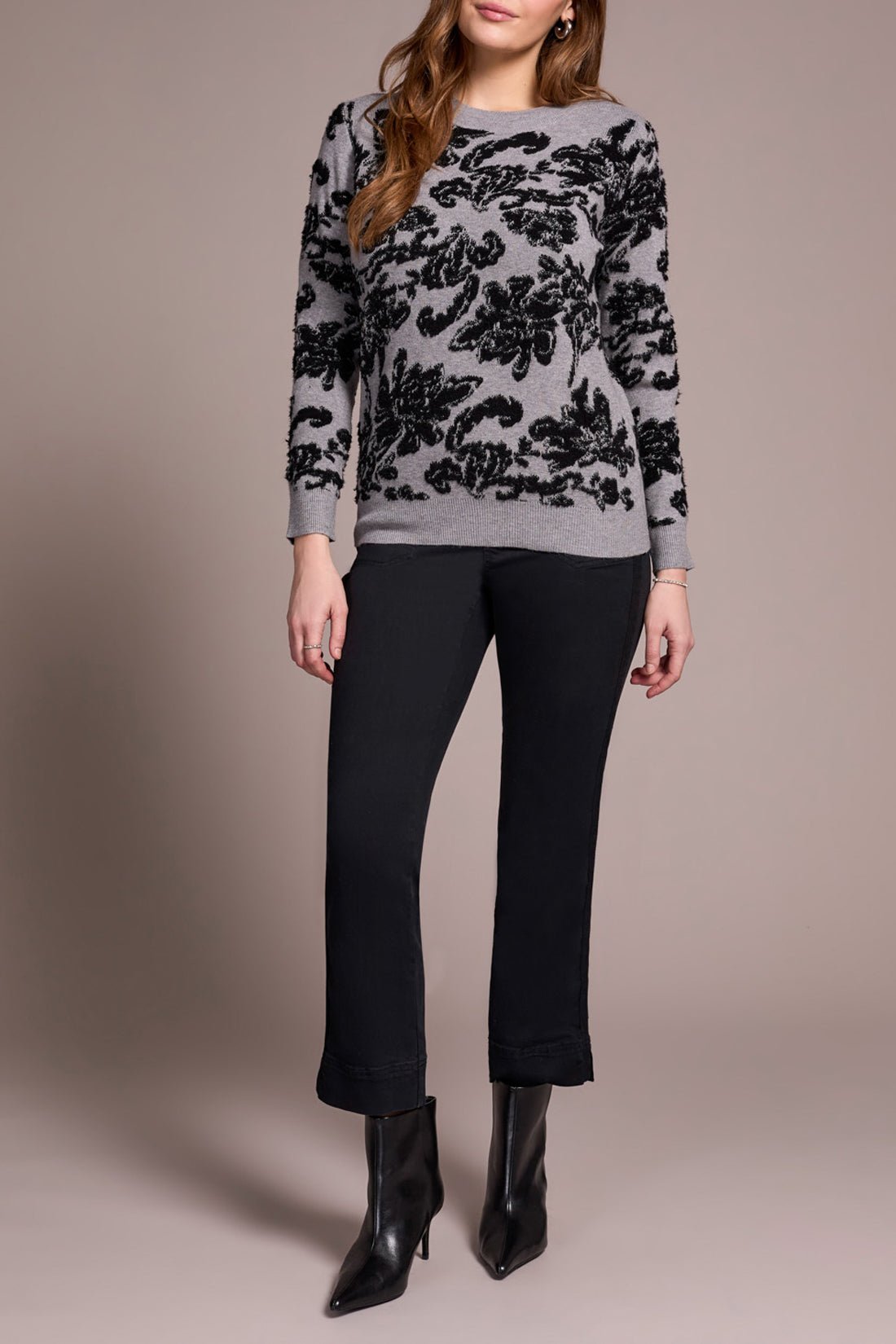 Floral Scroll Print Crew Neck Sweater Grey Mix