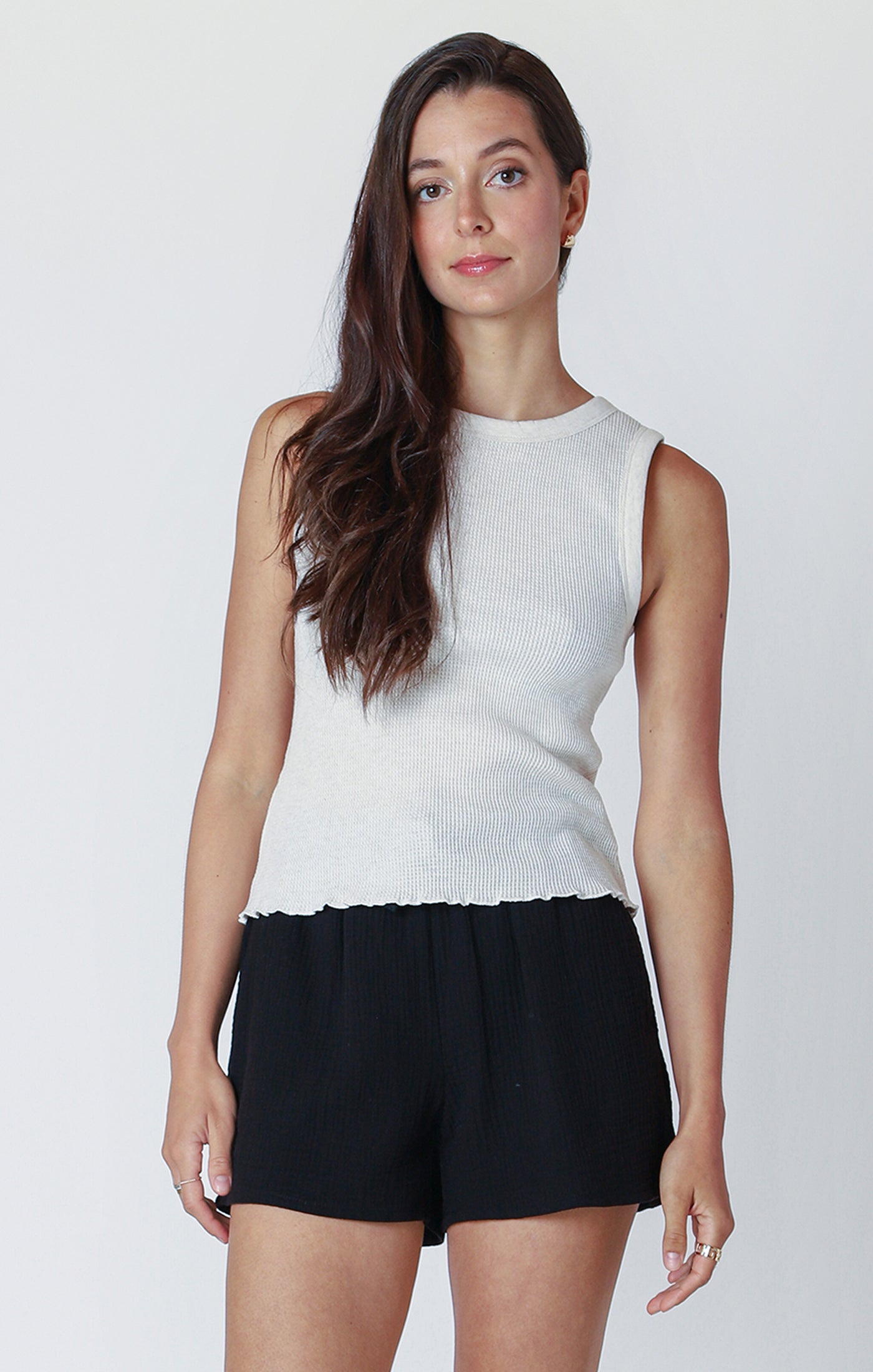 Waffle Knit Lettuce Hem Tank Oat Heather