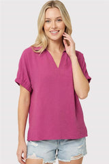 Johnny Collar Elastic Sleeve Top Dark Fuchsia