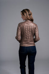 Metallic Vegan Lace Inset Leather Jacket Bronze