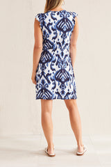 Damask Print Drawstring Knit Dress Sea Sapphire