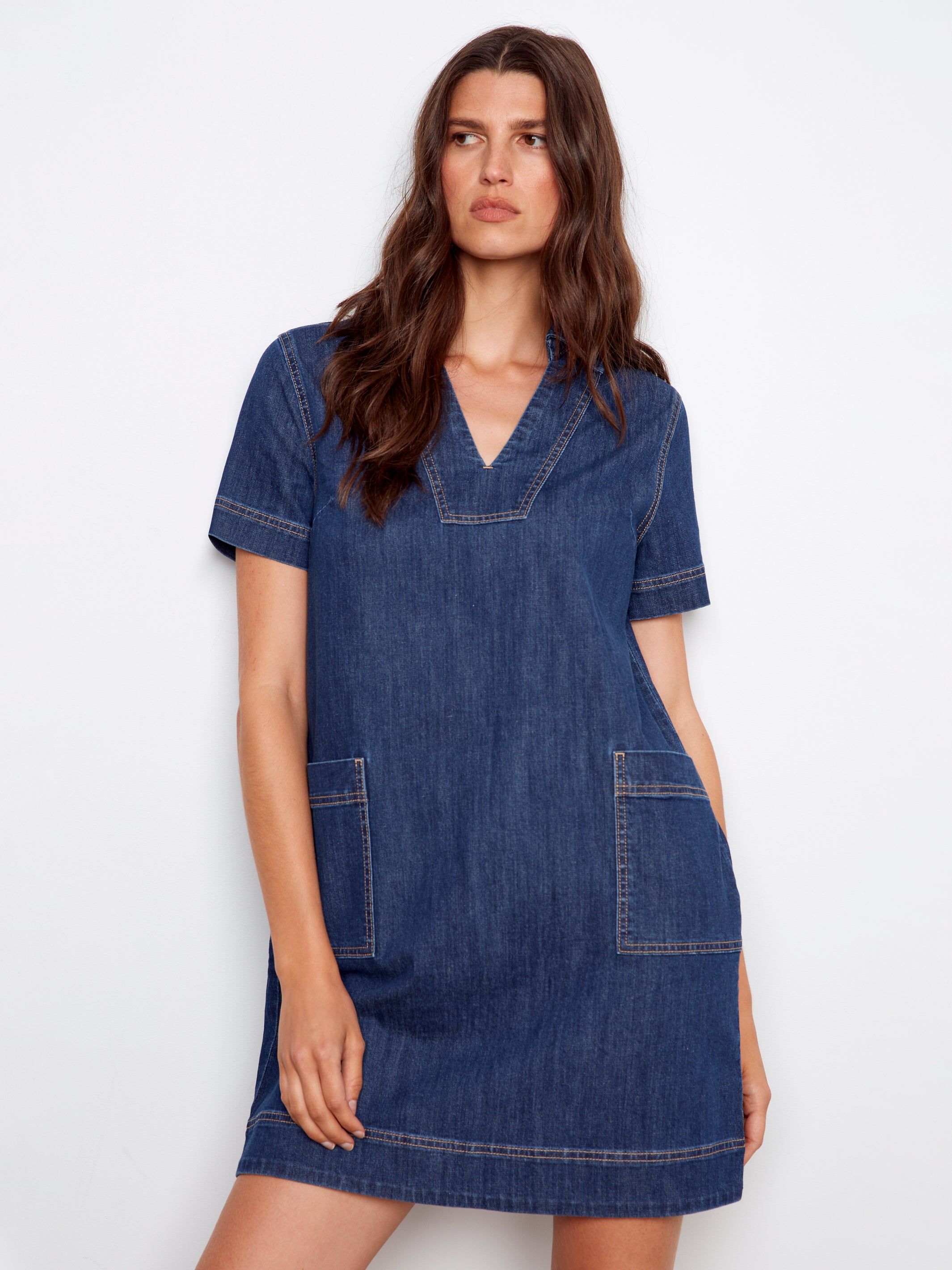 Denim Vneck Patch Pocket Dress Indigo