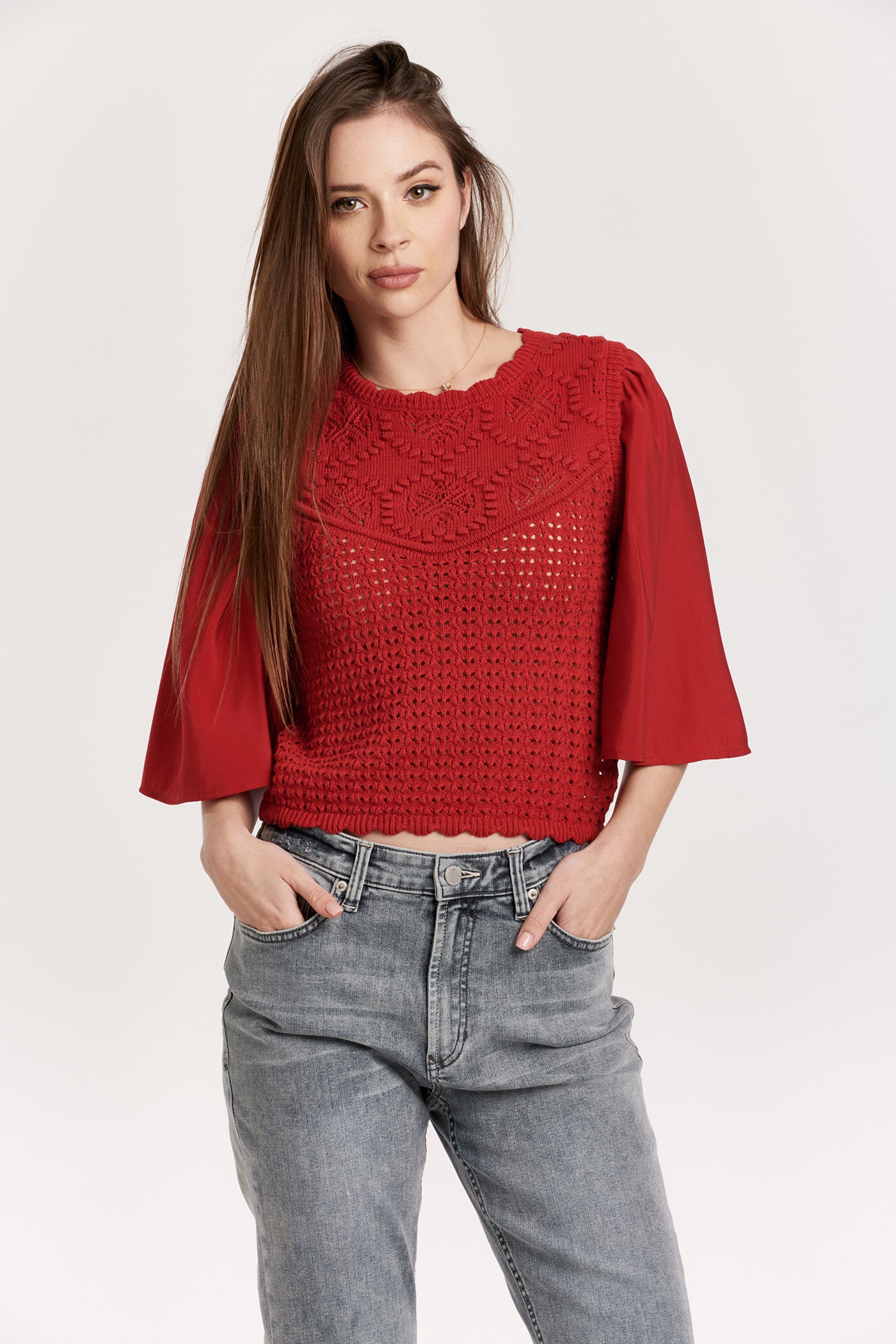 Kamala Mix Media Flowy Sleeve Top Ruby Pink