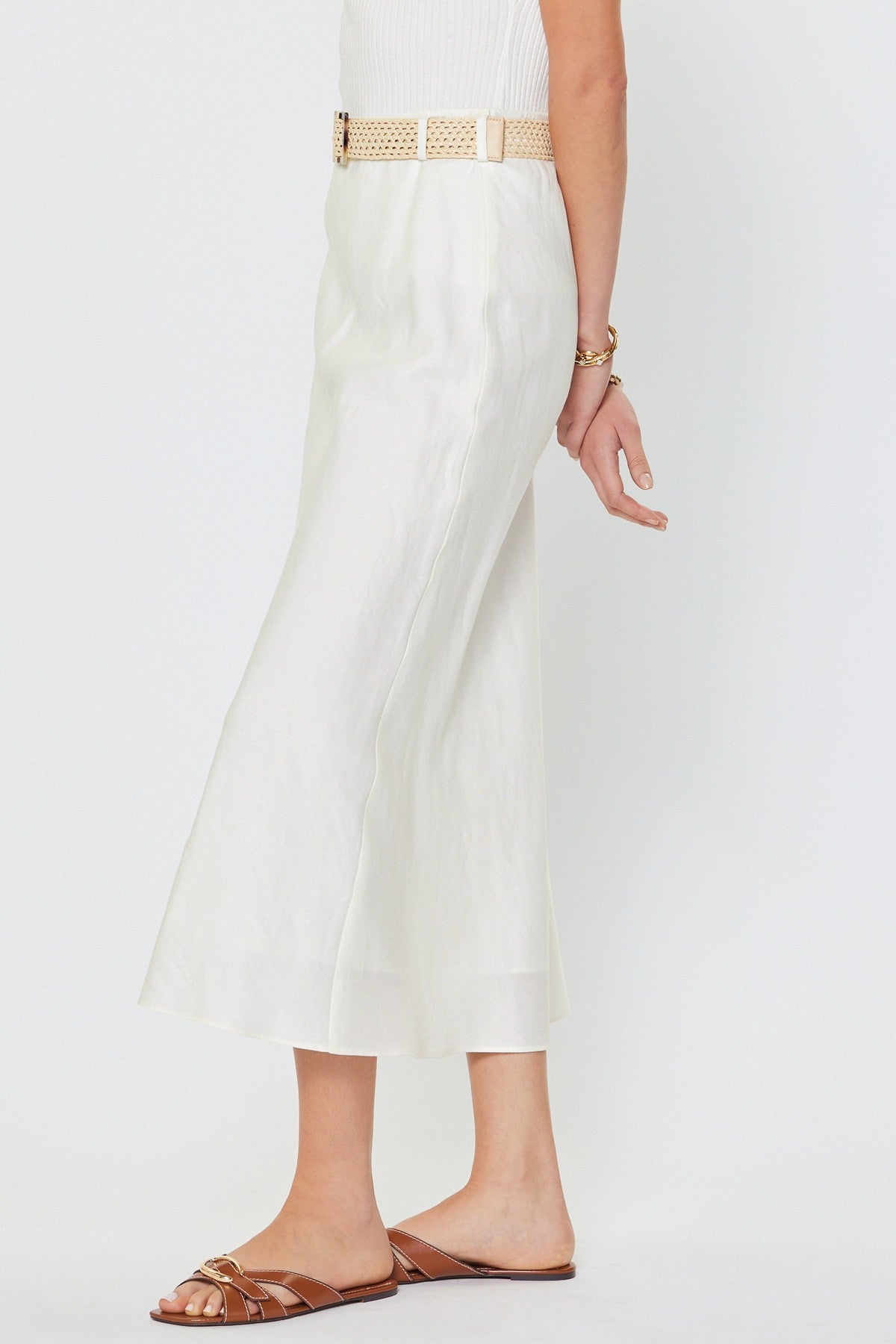 Raffia Belt Linen Blend Maxi Skirt White