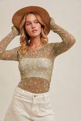 Ditsy Floral Mesh Cabbage Hem Layering Top Olive