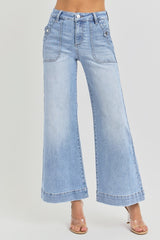 High Rise Ankle Wide Leg Tabbed Patch Pocket Jeans Light