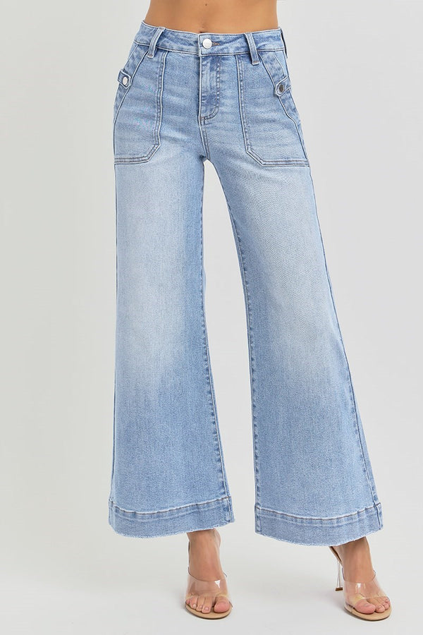 High Rise Ankle Wide Leg Tabbed Patch Pocket Jeans Light