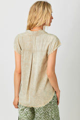 Frayed Cap Sleeve Washed Button Down Shirt Sand