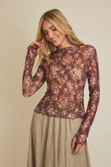 Floral Lace Mesh Long Sleeve Top Brown Multi