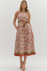 Floral Print Sleeveless Belted Midi Dress Ecru