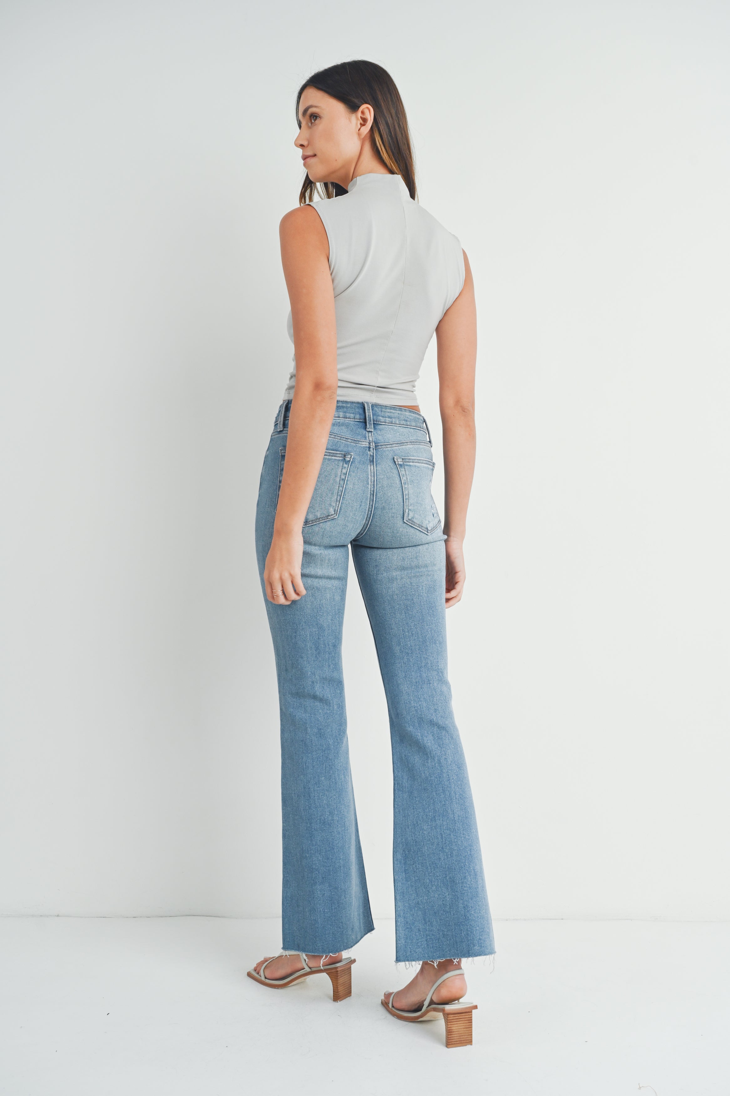 Distressed Raw Hem Flare Jeans Medium Denim