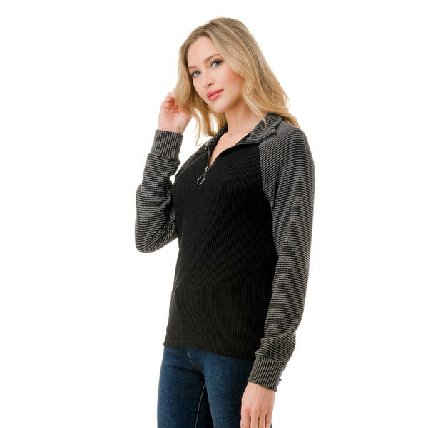 1/4 Zip Mock Neck Thermal Top Black + Charcoal