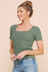 Square Neck Ribbed Fine Gauge Top Ivy