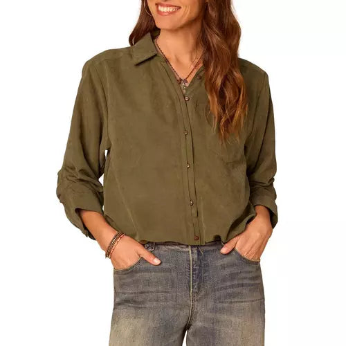 Bubble Hem 3/4 Tucked Sleeve Button Down Shirt Forest Moss