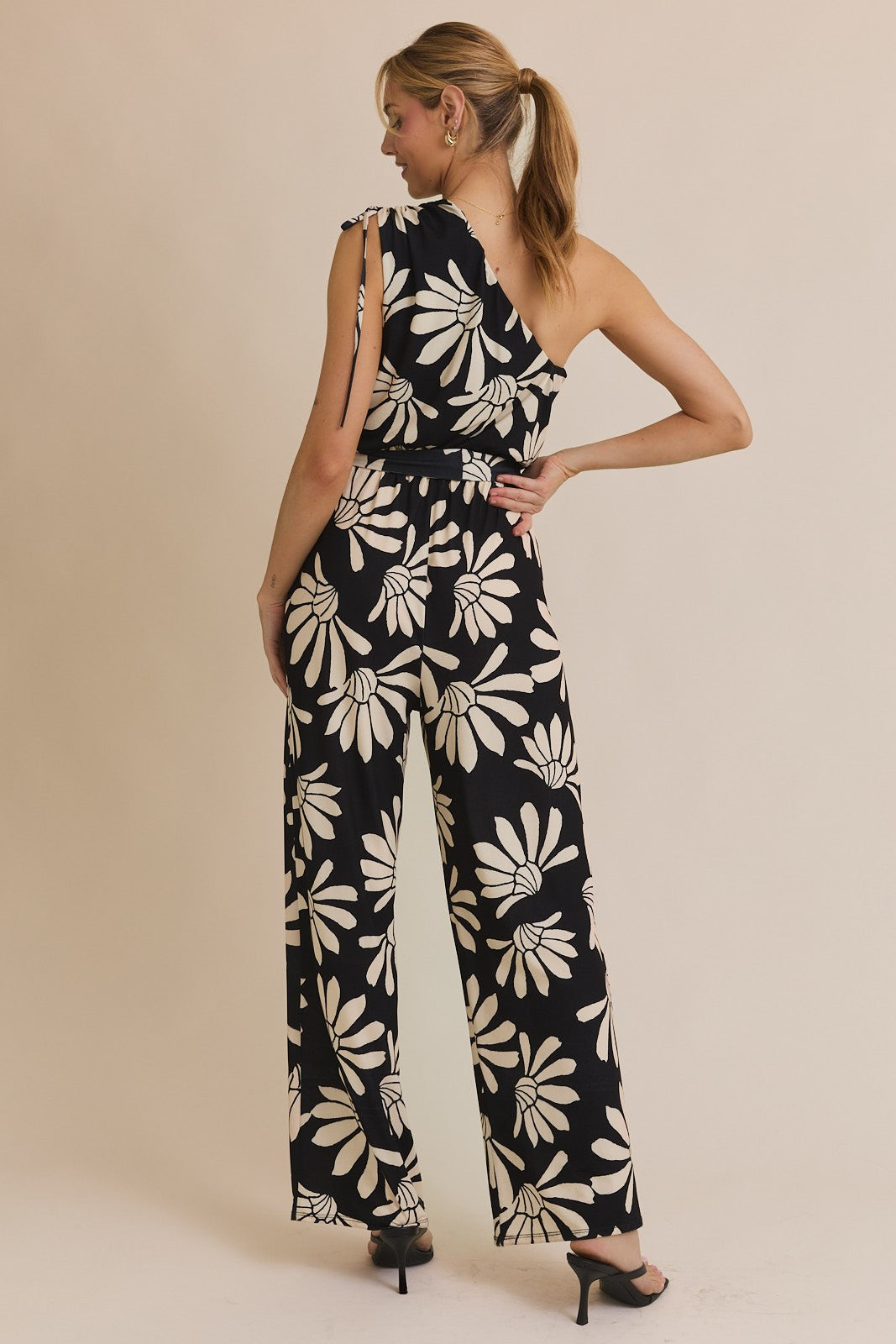 One Shoulder Floral Print Jumpsuit Black + Ivory