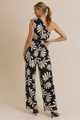 One Shoulder Floral Print Jumpsuit Black + Ivory
