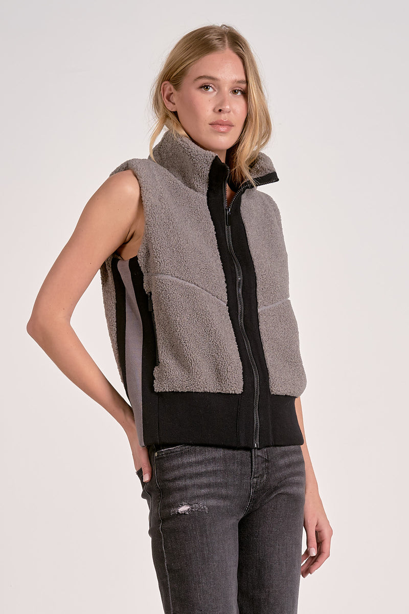 Sherpa Contrast Moto Zip Vest Grey