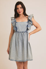 Ruffle Sleeve Square Neck Denim Dress Denim