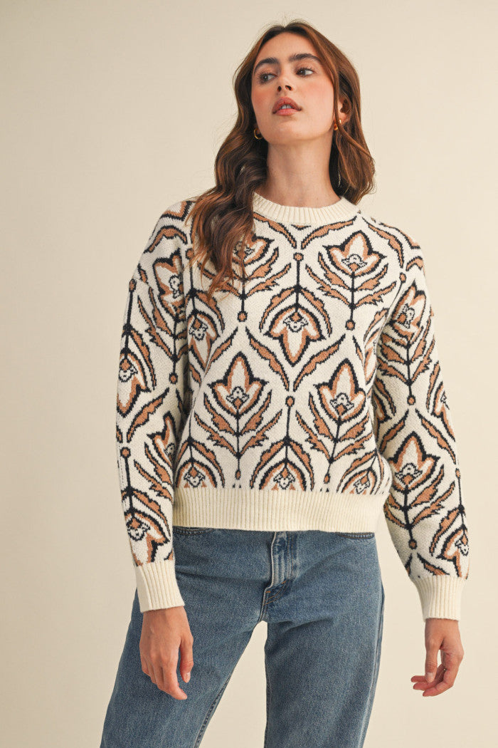 All Over Floral Knit Sweater Beige Taupe