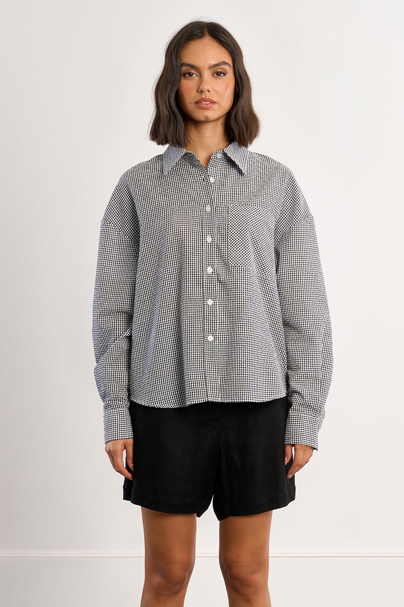 Checkered Single Pocket Button Up Shirt Black