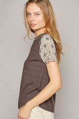 Floral Stitch Detail Raglan Sleeve Top Charcoal