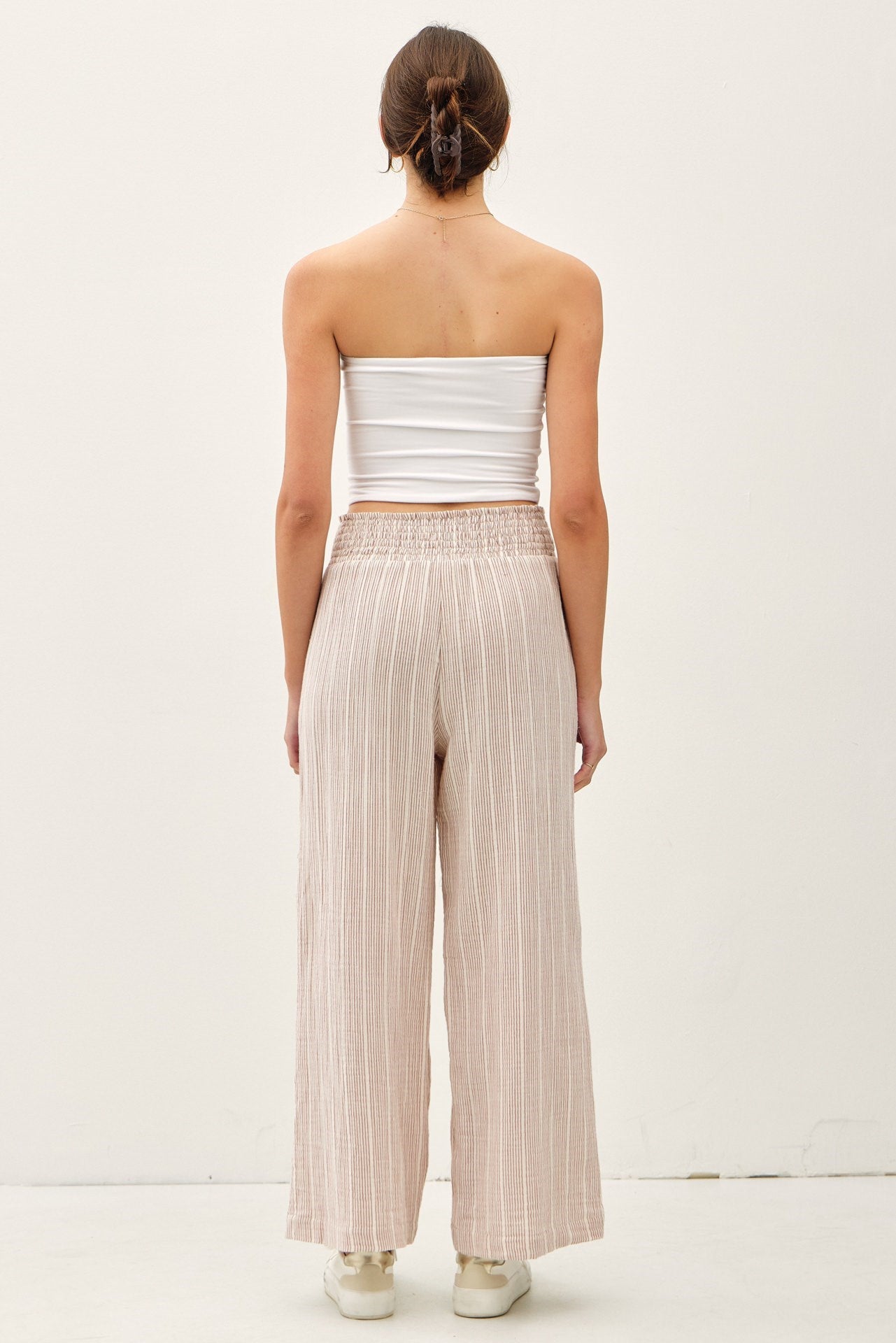 Pinstriped Gauze Smocked Waist Crop Pants Amber