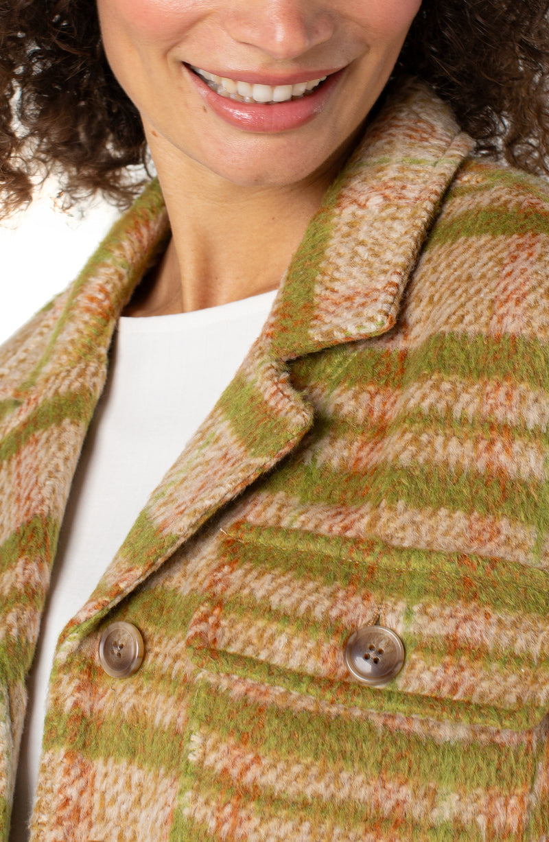 Button Front Boxy Shacket Green Gold Plaid