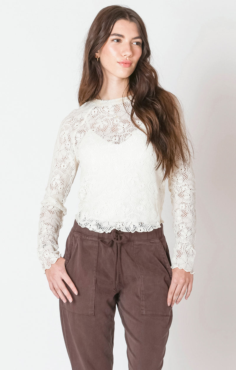 Exposed Seam Lace Lettuce Hem Top Natural