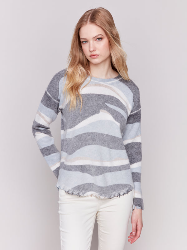 Wavy Print Reversible Dist. Hem Plush Sweater Denim