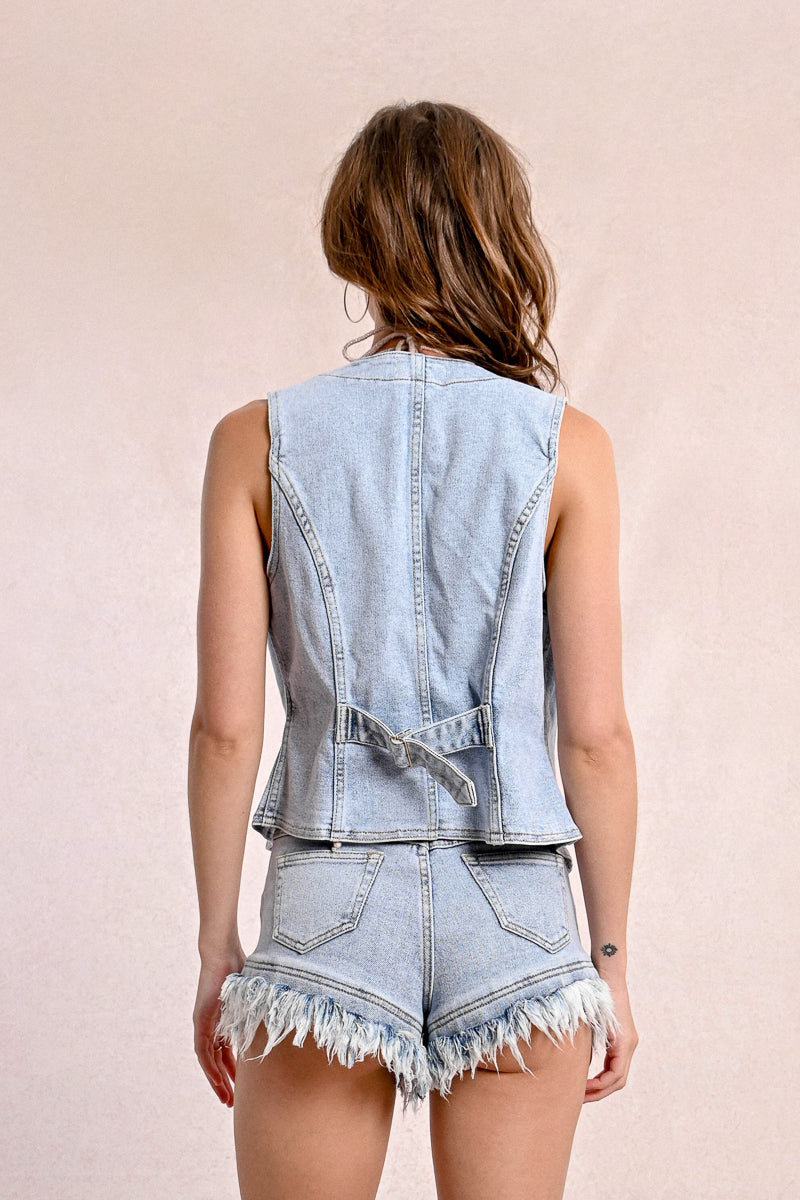 Tailored Seam Denim Vest Light Blue
