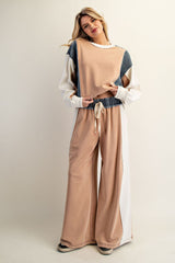 Color Block Denim Drawstring Pants Cinnamon