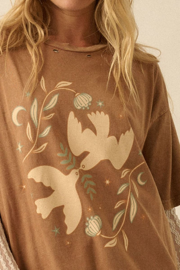 Distressed Mineral Washed Doves and Flowers Graphic Tee Toffee