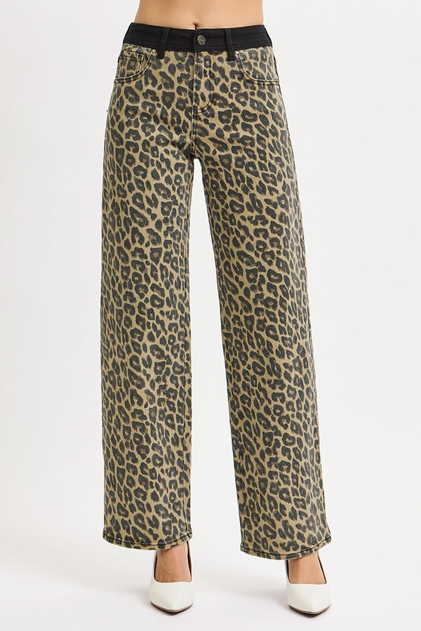 Black Banded Leopard Denim Wide Leg Pants Coffee