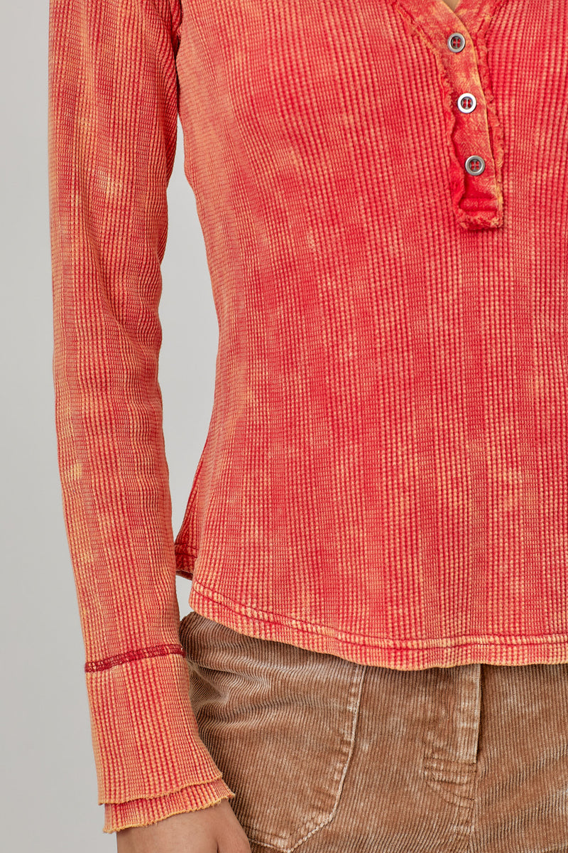 Washed Thermal Henley Top Tomato