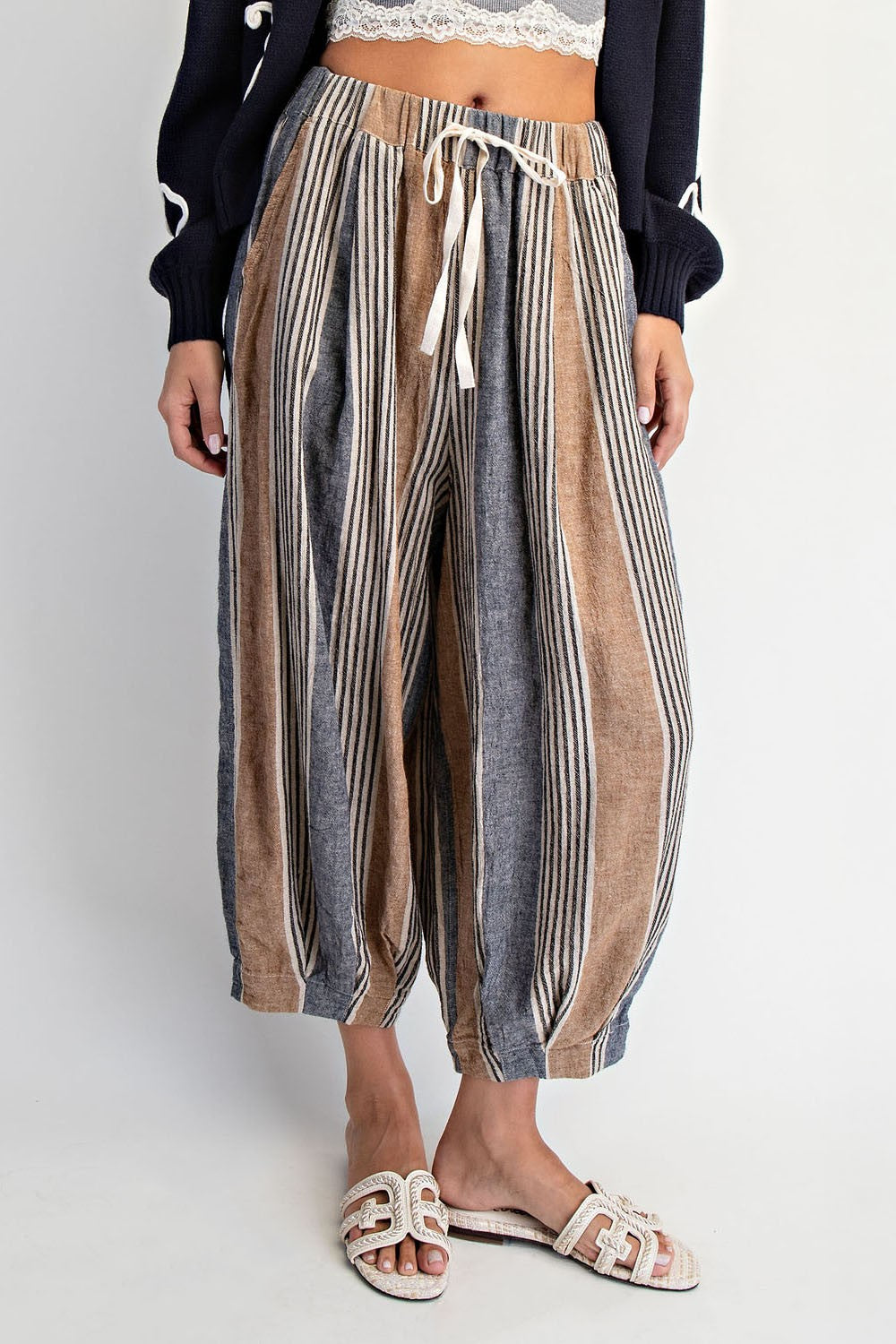 Linen Blend Stripe Balloon Pants Taupe Stripe